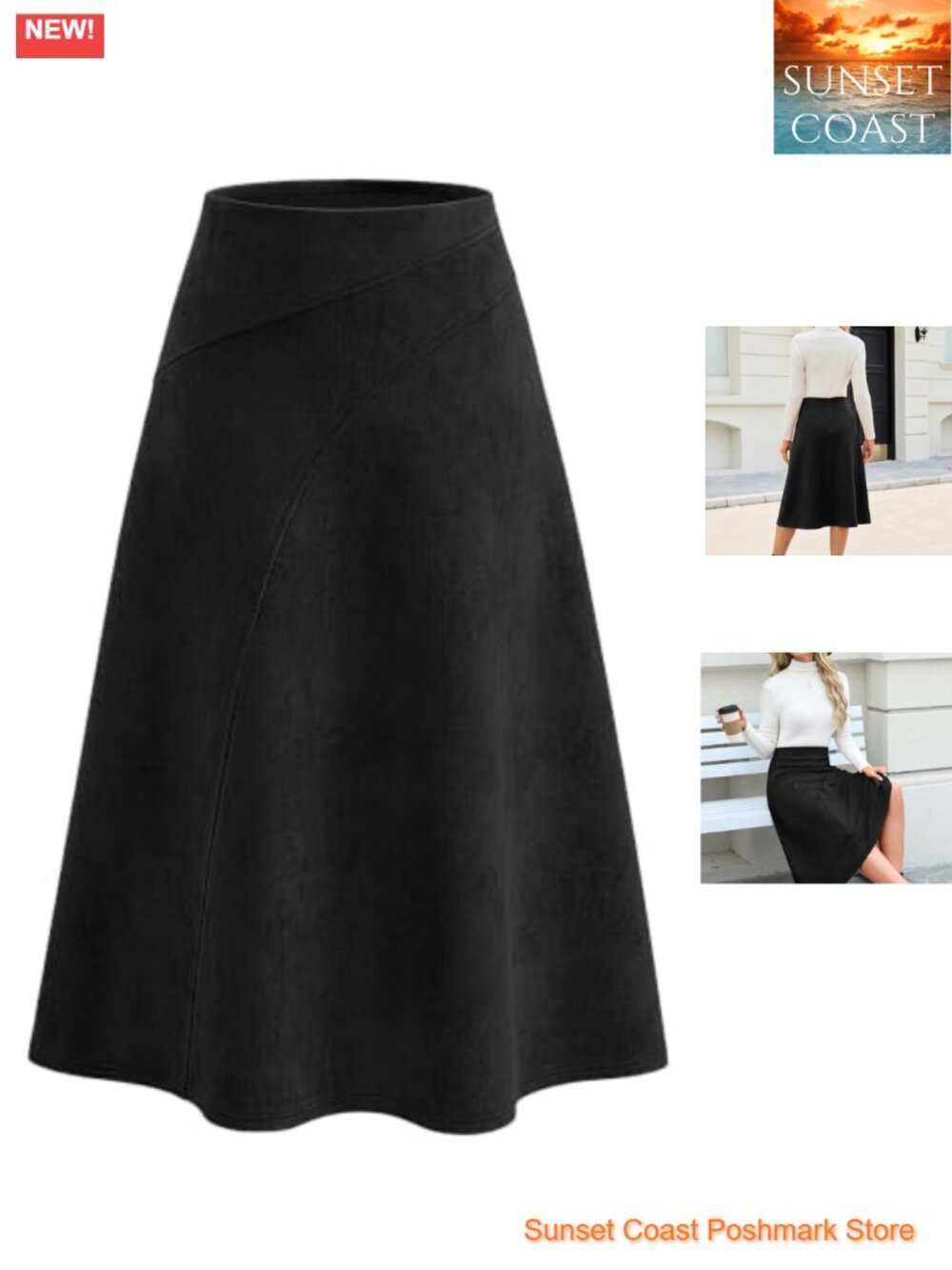 Faux Suede Midi Skirt High Waisted A-Line Flowy Swing Work